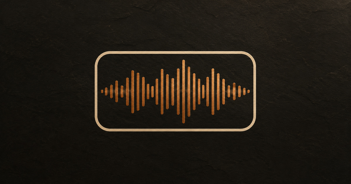 A copper audio waveform held fully inside a rounded cream border; the sound stays put