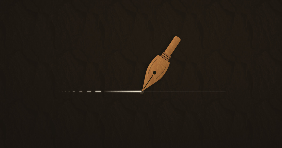 A copper pen nib mid-stroke, its cream ink line fading to invisible behind the tip