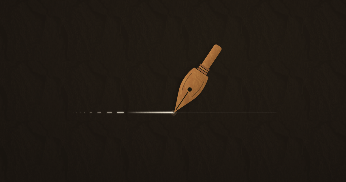 A copper pen nib mid-stroke, its cream ink line fading to invisible behind the tip