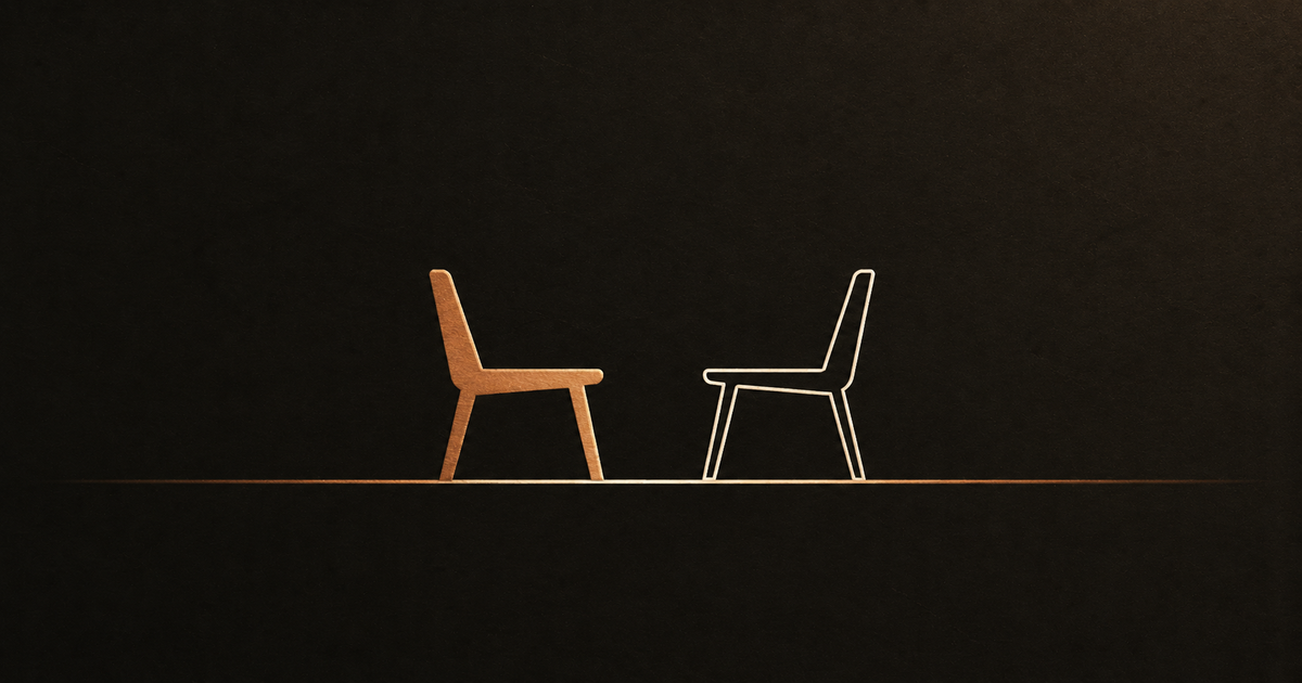 Two chairs facing each other across a copper line: one solid copper, one a cream outline