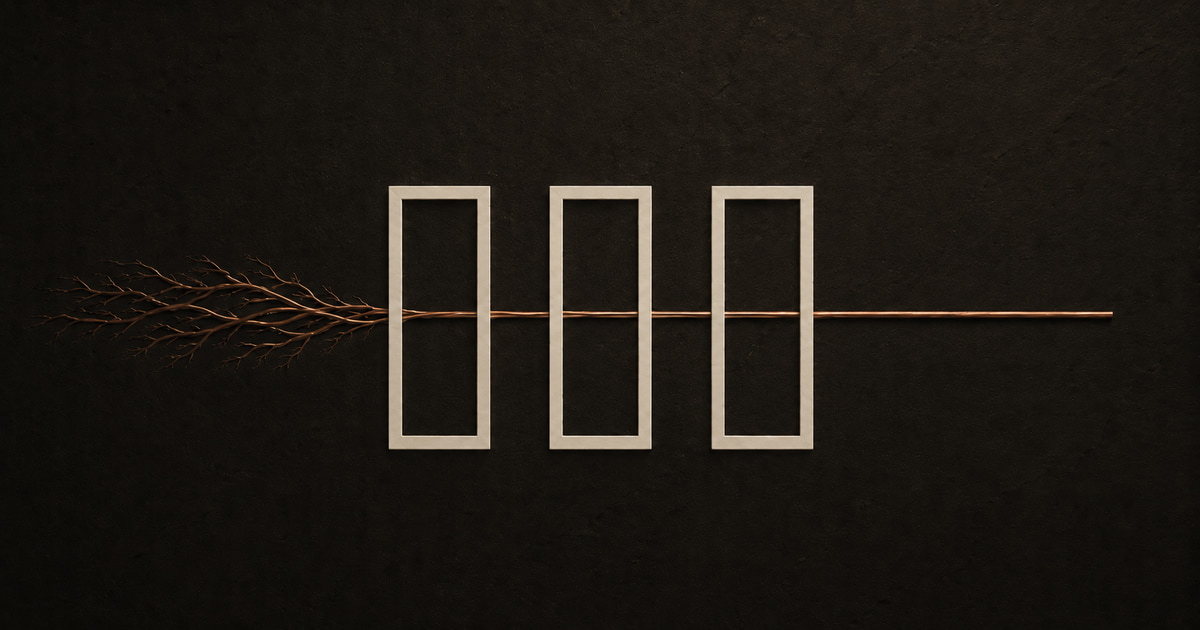 A tangled copper branch enters three upright cream gates and leaves as one straight line