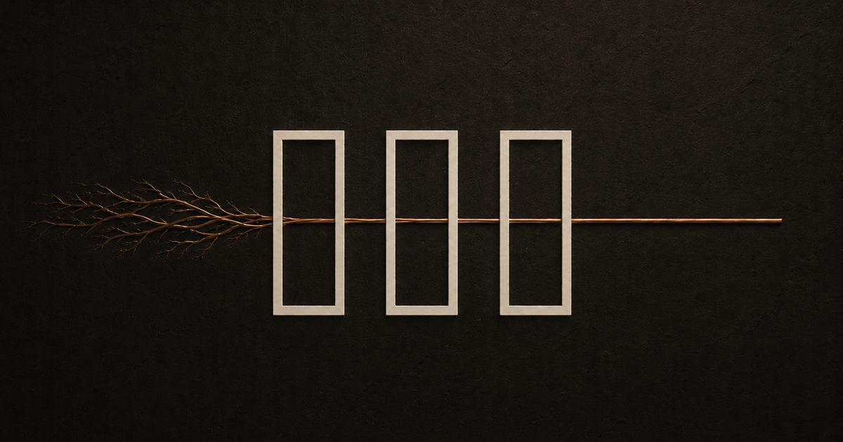 A tangled copper branch enters three upright cream gates and leaves as one straight line